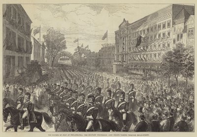 De Vierde Juli in Philadelphia, de Militaire Processie, Stadstroepen die door Broad-Street trekken door Walter Paget